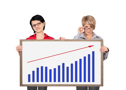 two businesswoman holding a blackboard with chart profits