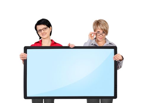 two woman holding blank panel