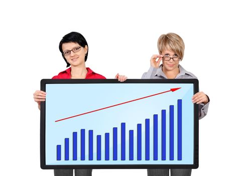 two woman holding panel with graph