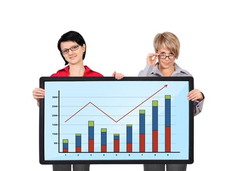 two woman holding panel with graph