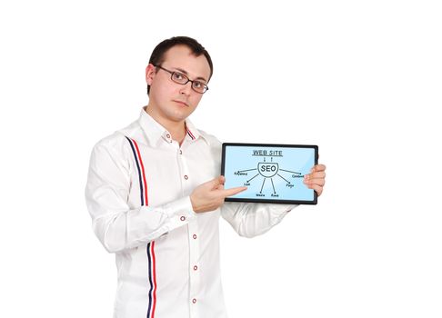 businessman and tablet with seo scheme