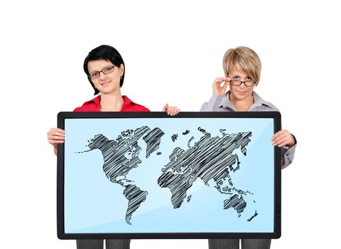 two woman holding plasma with world map