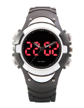 Black multifunctional clock with dual LED time display, WR 30 m, rubber strap.