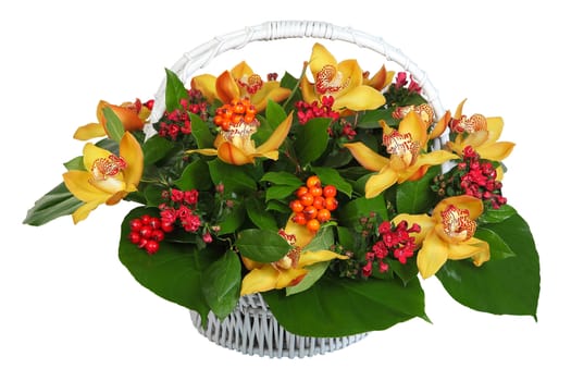 Bouquet of flowers in a white wicker basket: Orchid - large cream-colored flowers, pyracantha, Hypericum. The isolated image on a white background.