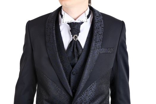 Dark gray mens wedding suit, printed with flowers, one button, cravat on the clip. Beautiful mens suit with a vest, for prom, formal dinner, prom evening.