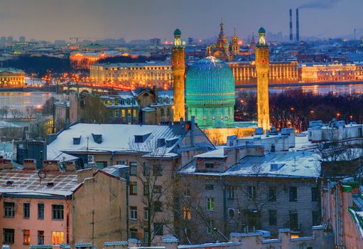 ST-PETERSBURG, RUSSIA - JANUARY 16: Saint Petersburg Mosque, the Mosque-jami, January 16, 2012, Historic Centre of Saint Petersburg. Top view of the city at night, St.Petersburg, and historic buildings in the city center.