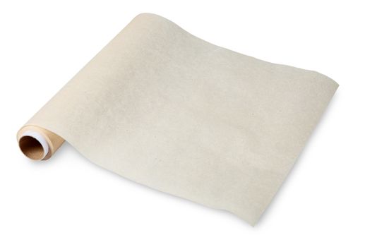 Baking paper, parchment food, is used for cooking and food storage. Thin paper made from pulp mill greasy. No body. The isolated image on a white background.