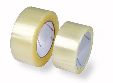 Two rolls of transparent packaging, adhesive tape, various diameters, photographed on a white background, isolated, added shadow.