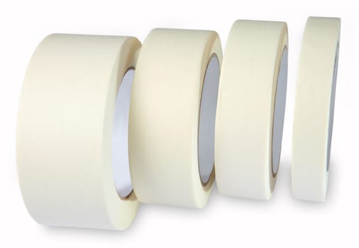 Crepe-adhesive tape, Masking tape, white, paper, four are on the side of the roll, isolated on white background.