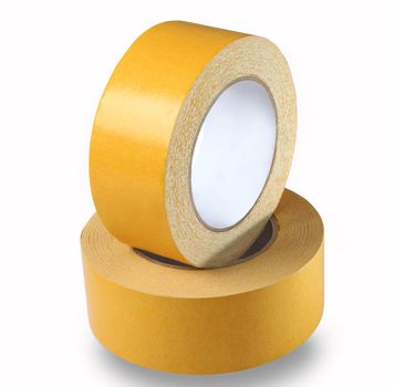 This wide, yellow, double-sided tape consists of transparent polypropylene with adhesive synthetic rubber coating. 