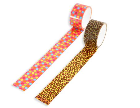 Two rolls of packing tape patterned with peas and leopard print, isolated image on a white background. Rainbow Dots Cute Deco Packing Tape.  