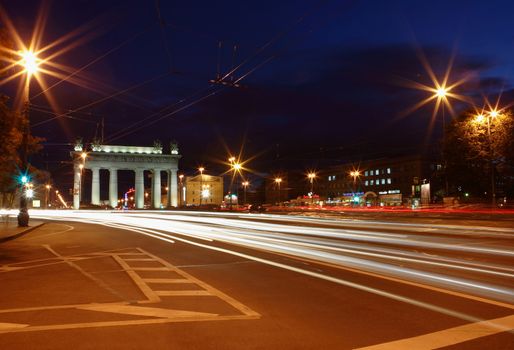 ST-PETERSBURG, RUSSIA - SEPTEMBER 25: Moskovsky Prospekt, Moscow gate, night lights, street lights, September 25, 2009, a horizontal picture.