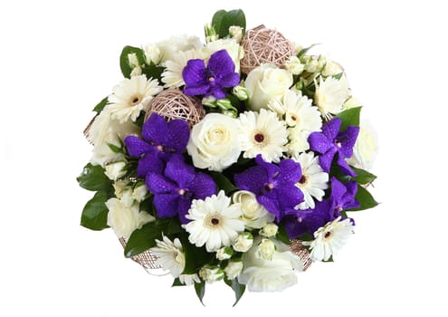 Round bouquet of three garden flowers: cream-colored roses, white gerbera daisies and violet orchids. View from above. The isolated image on a white background.