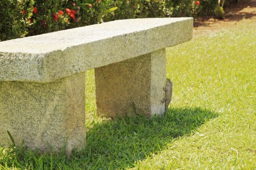 Horizontal capture of color landscape of a tropical landscaped garden, natural stone park bench where an Indian lizard climbing one of the legs in the shade of the hot sun