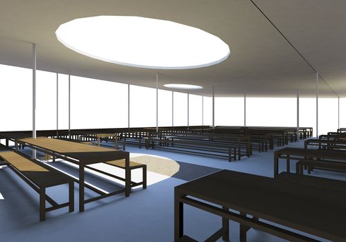 Modern canteen with wood chairs and tables, white background