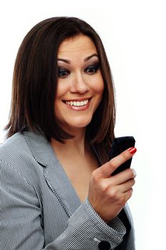Glad lady reading or sending SMS on a white background