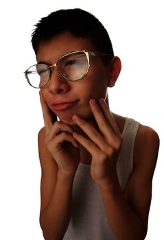 Funny photo of dystrophic boy in eyeglasses