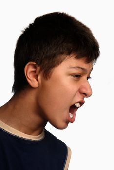 Photo of the crying boy on a white background