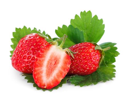 Beautiful ripe red fresh appetizing strawberries with leaves. Isolated on a white background.