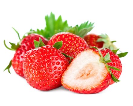 Beautiful ripe red fresh appetizing strawberries with leaves. Isolated on a white background.