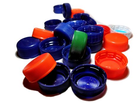 Plastic cap collection.  background, isolated, white, recycling.