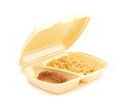 A rissole and a rice in the disposable box door-to-door delivery