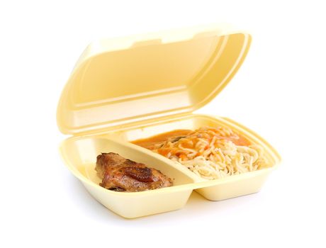 A chicken and a pasta in the disposable box door-to-door delivery