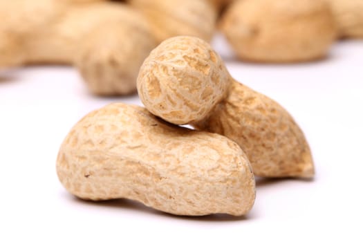 Three peanuts in closeup on the white background and peanut background