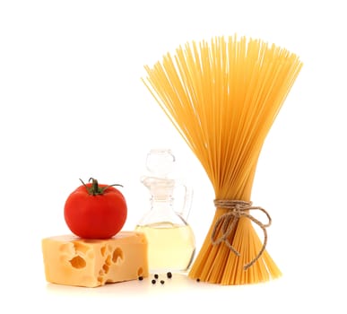 Bunch of spaghetti pasta, fresh tomatoes, cheese, bottle of oil and pepper