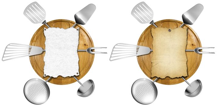Two notebooks for recipes or menu on wooden cutting board and kitchen utensils