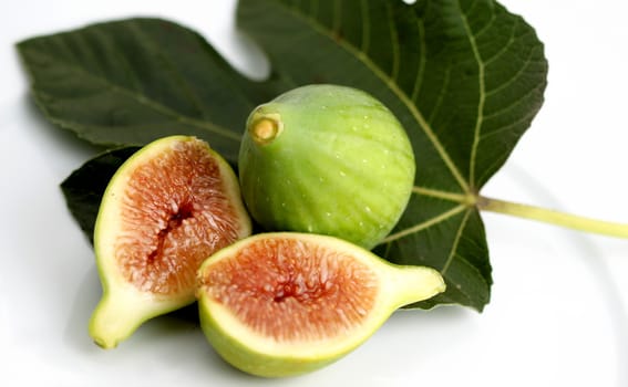 Close up of a green fig on white background with leave.