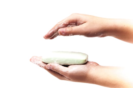 hands with soap on a white background