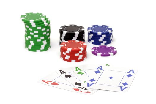 Set of poker chips and cards  on white