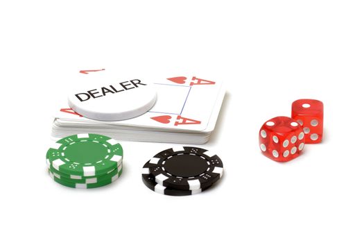 Set of poker chips, cards and dices on white