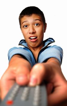 Emotional portrait of the boy with TV remote control device