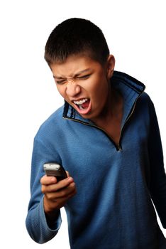 Boy with cell phone expressing negative feelings