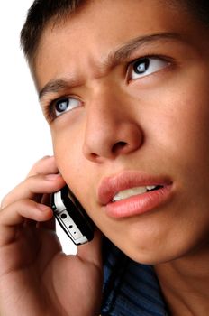 Boy with mobile phone trying to understand his talker