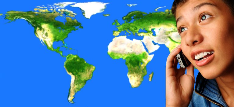 Boy talking via cell phone on the world  map background