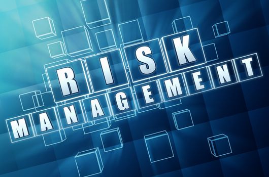 risk management - text in 3d blue glass cubes with white letters, business concept words