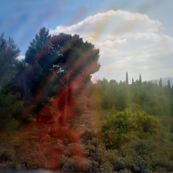 Nature scene through colorful painted glass. Forest trees abstract landscape.