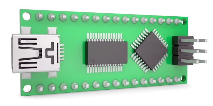 Computer board with chips and USB output. Isolated render on a white background