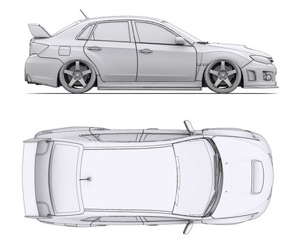 Car rendering in lines. Isolated render on a white background