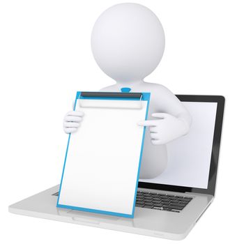 3d white man from the computer holding checklist in hand. Isolated render on a white background