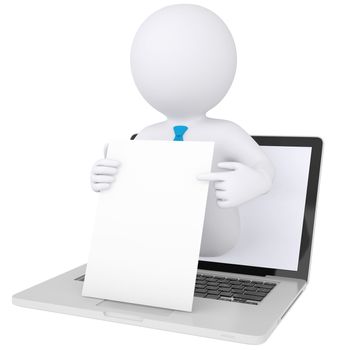 3d white man out of the computer holding a sheet of paper. Isolated render on a white background