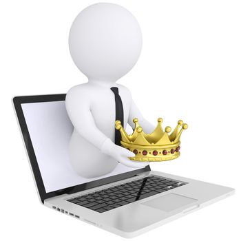 3d white man out of the computer holds a golden crown. Isolated render on a white background