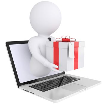 3d white man out of the computer holding a gift box. Isolated render on a white background
