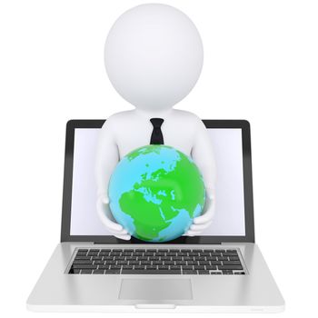 3d white man from the computer holding the Earth. Isolated render on a white background