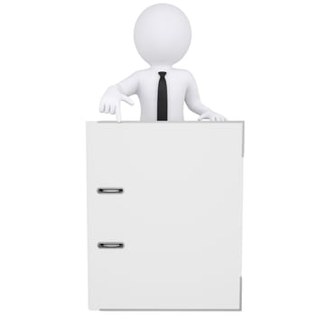 3d white man points a finger at the office folder. Isolated render on a white background