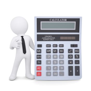 3d white man points a finger at a calculator. Isolated render on a white background