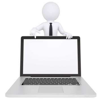 3d white man points a finger at laptop. Isolated render on a white background